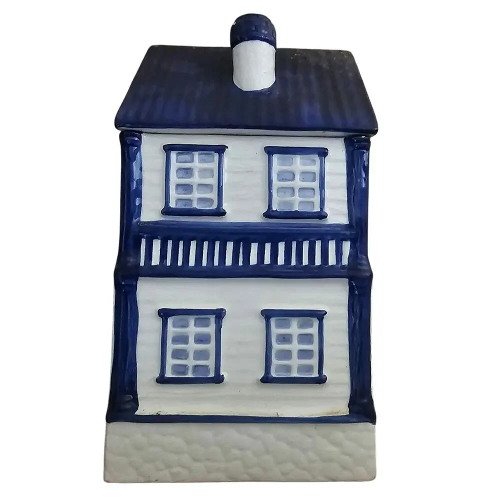 Vintage Blue & White Ceramic House Cookie Jar / Canister
